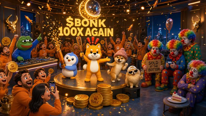 A vibrant, chaotic celebration scene features costumed characters and cheering crowds around a "$BONK 100X AGAIN" banner, with a "SOLD AT THE BOTTOM" sign held by a clown—visually satirizing Bonk critics as foolish for betting against the meme coin's potential comeback.