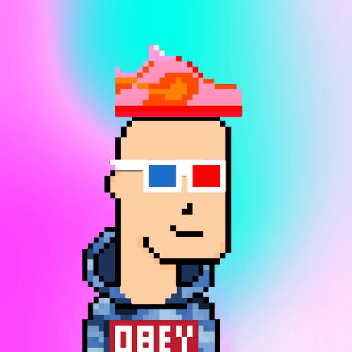 The image features a man wearing glasses, a blue hoodie with "obe" written on it, and a pink crown on his head. He has a serious expression as he looks directly at the camera. The background of the image is a gradient of colors, transitioning from pink to purple. There are no other objects or text in the image besides the man's face and the gradient background.