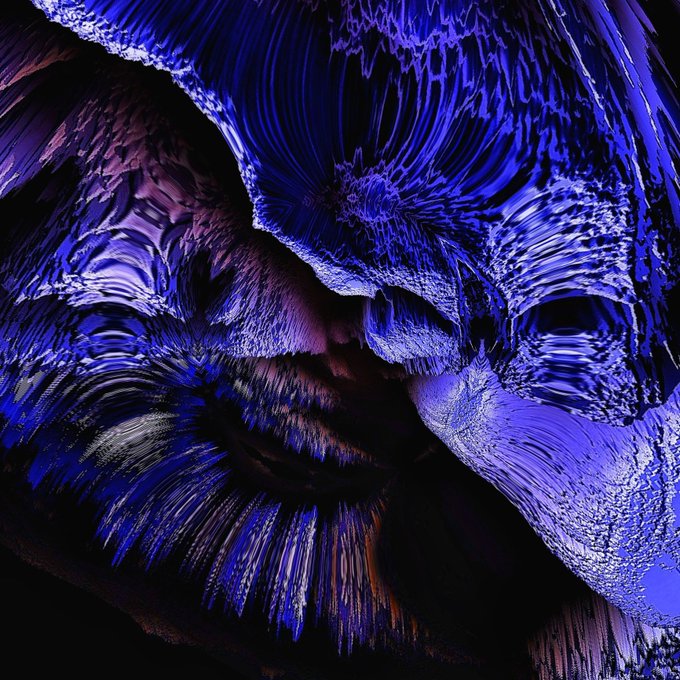 An abstract digital image in deep blue and purple tones showing a distorted, textured face with dripping, wave-like patterns.