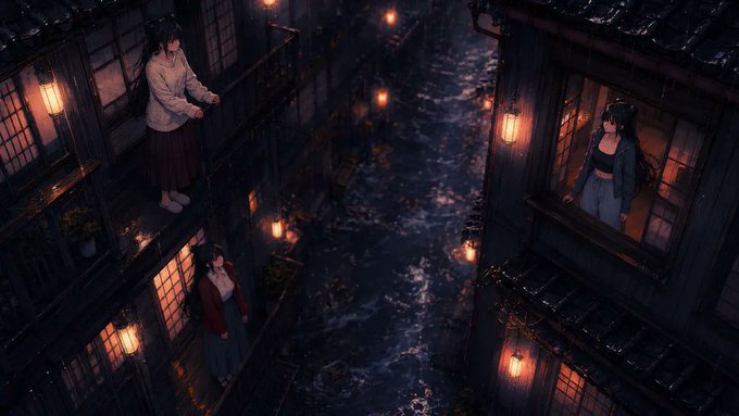 An anime-style nighttime scene of women on balconies overlooking a dark canal illuminated by warm lanterns.