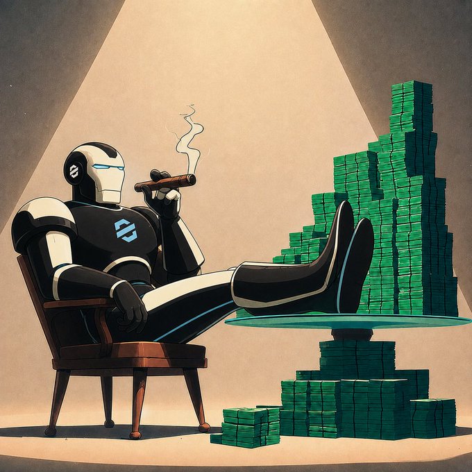 A stylized illustration of a robotic/cyborg figure in a black and white suit smoking a cigar while reclining with feet propped up, sitting beside massive stacks of green cash bundles illuminated by a spotlight.