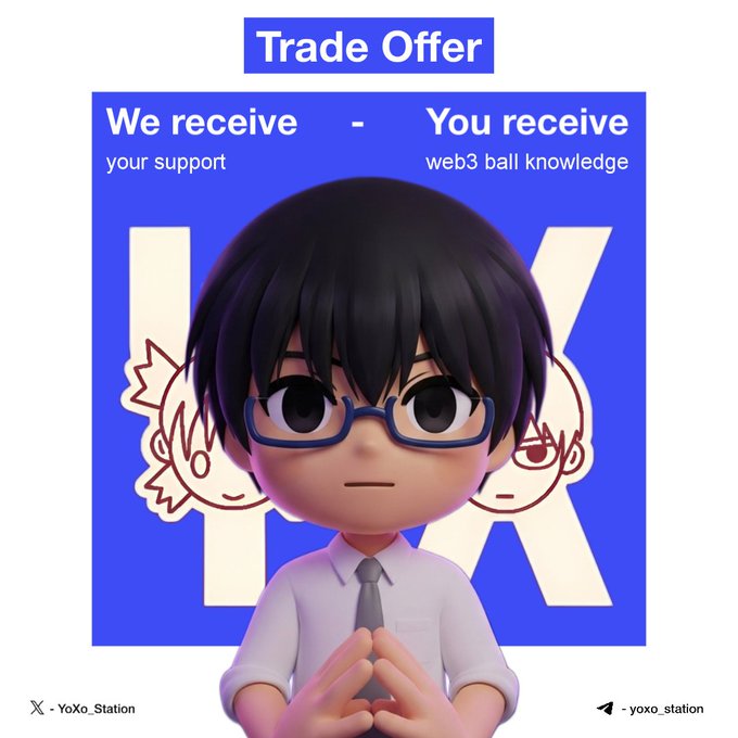 A promotional graphic titled 'Trade Offer' showing a 3D anime-style character with glasses, with text 'We receive - your support' and 'You receive - web3 ball knowledge', branded with YoXo_Station.