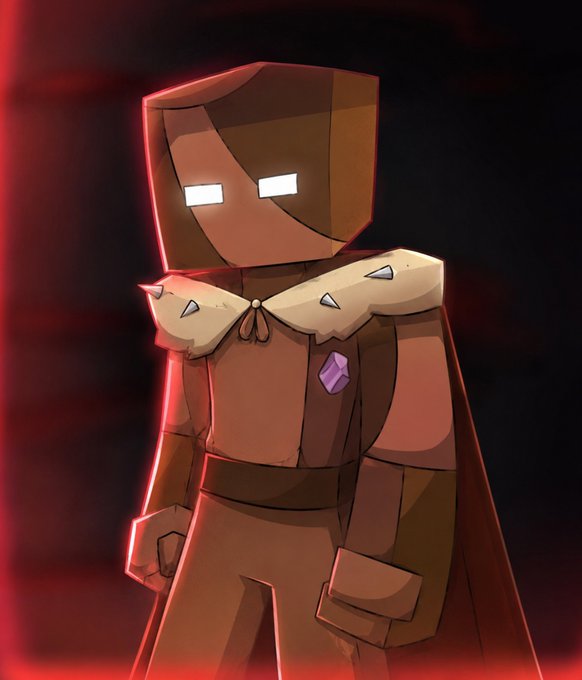 Digital artwork of a blocky, Minecraft-style knight character in armor with a spiked collar, glowing white eyes, a purple gem, and a dark red background.