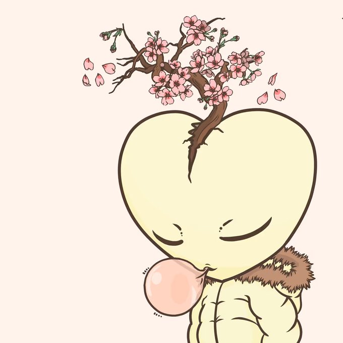 A cartoon illustration of a yellow heart-shaped character with closed eyes blowing a pink bubblegum bubble, featuring cherry blossom branches growing from its top.