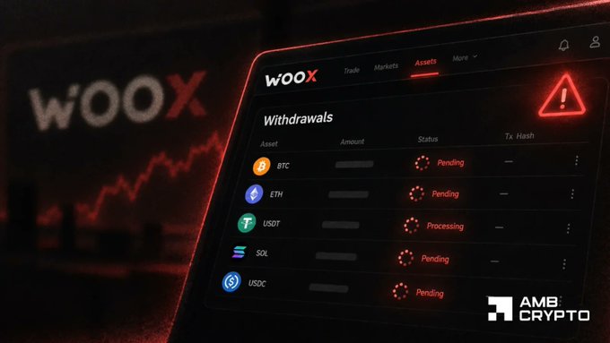 A dramatic red-tinted image showing the WOOX exchange interface displaying multiple withdrawal statuses as 'Pending' or 'Processing' for BTC, ETH, USDT, SOL, and USDC, with an AMB CRYPTO logo and warning alert visible.
