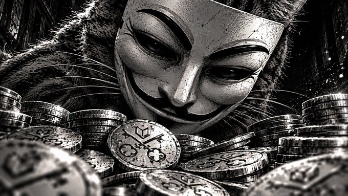 A monochromatic illustration of a Guy Fawkes/V for Vendetta mask emerging from a large pile of intricately patterned coins.