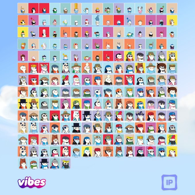 A grid displays numerous colorful penguin-themed NFT characters on a light blue background, with the text 'vibes' in the bottom left corner.