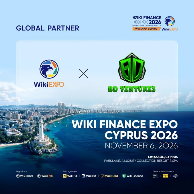A promotional banner for Wiki Finance Expo Cyprus 2026 featuring the WikiExpo and BD Ventures logos as Global Partners, with event details announcing the November 6, 2026 event at Parklane, a Luxury Collection Resort & Spa in Limassol, Cyprus, complemented by a scenic coastal cityscape and lighthouse backdrop.