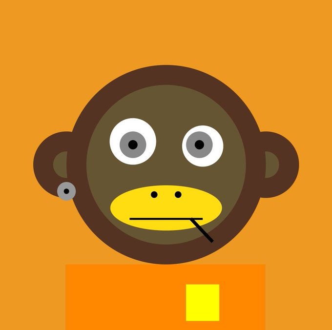 A cartoon illustration of a brown monkey character with large eyes and a yellow muzzle against an orange background.