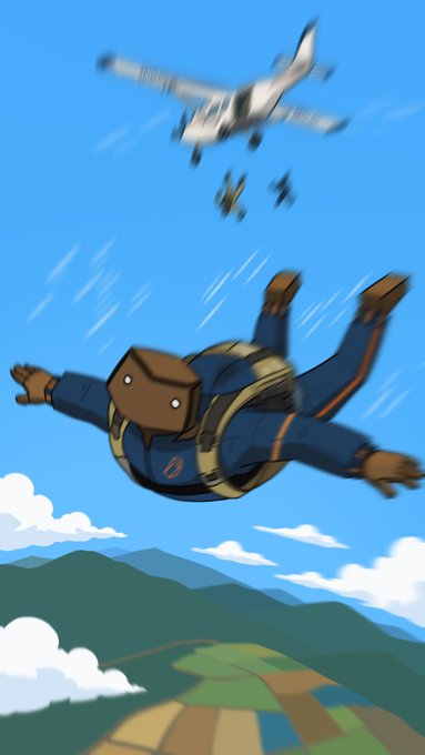 A cartoon-style illustration of a skydiver in a blue jumpsuit free-falling away from a small white airplane, with green and yellow fields visible far below.