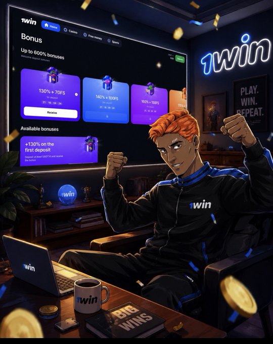 An illustrated promotional image showing a red-haired character celebrating with raised fists in front of a screen advertising '1win' casino bonuses up to 600%, surrounded by gold coins and a laptop.