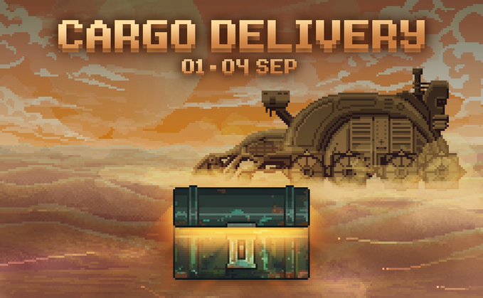 Pixel art promotional graphic titled 'CARGO DELIVERY 01 - 04 SEP' showing a treasure chest against a sunset desert backdrop with a steam-powered vehicle.
