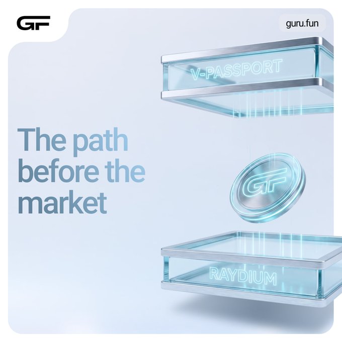 The image displays a futuristic 3D rendering with the text "The path before the market" alongside a visual flow showing "V-PASSPORT" at the top, a "G" coin/token in the middle, and "RAYDIUM" at the bottom, representing the journey of a token. This visualizes the post's description of a token's progression from V-Passport through various stages (prelisting, BGB support, threshold, CES lock/burn, bonding curve) to finally reach Raydium with locked LP, illustrating the public, step-by-step path each token takes before hitting the market.