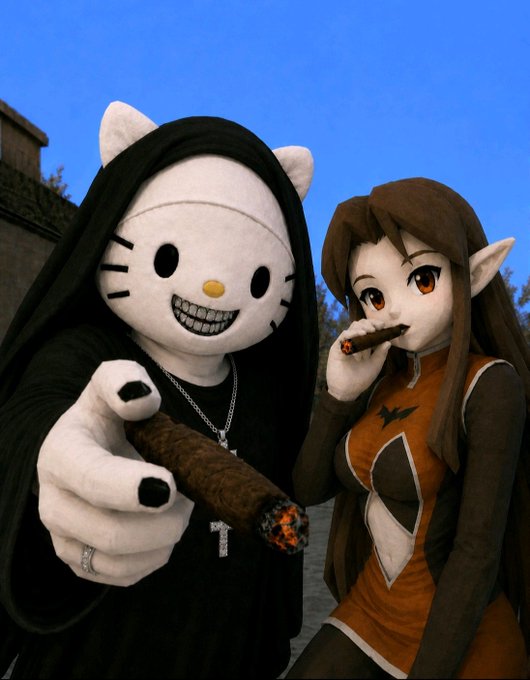 A 3D rendered scene featuring a figure in a black hooded robe with a creepy cat-like mask holding a cigar, alongside a brown-haired elf-eared female character also holding a cigar.