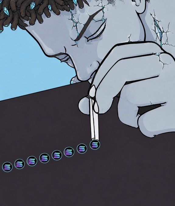 A stylized digital drawing of a gray-skinned figure with dreadlocks and crack-like markings on their skin, using chopsticks to pick up small symbols from a dark surface.