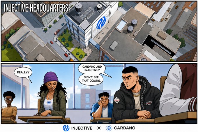A comic book style illustration showing the Injective Headquarters building with students in a classroom discussing that the collaboration between Cardano and Injective 'didn't see that coming,' with the Injective x Cardano logos at the bottom.