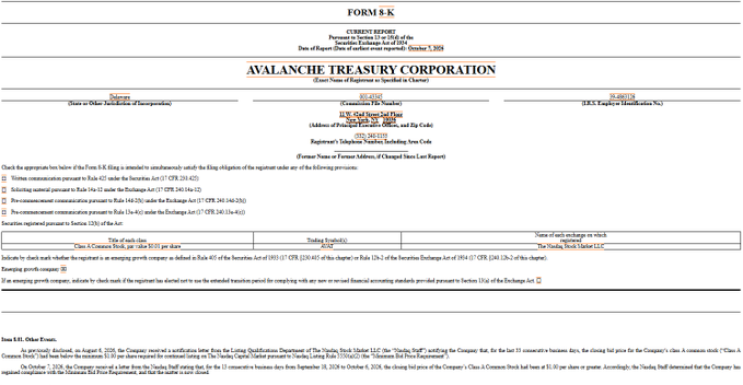 Avalanche Treasury Corporation Form 8-K filing indicating issuance of 4,857 employee restricted shares and 355 of shares to the Selling Stockholder.