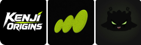 The image shows a dark NFT promotional graphic featuring "KENJI ORIGINS" text on the left, a green claw mark graphic in the center, and a shadowy dragon-like face with glowing green eyes on the right. It serves as branding for the Kenji Origins NFT collection, advertised in the post as part of an upcoming minting event on OpenSea.
