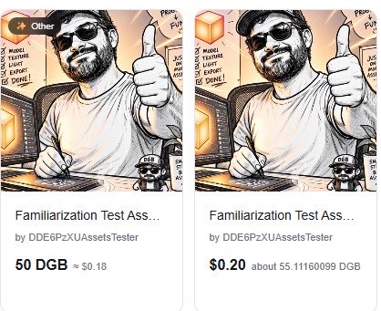 Two NFT-style listings for 'Familiarization Test Asset' by DDE6PzXUAssetsTester, priced at 50 DGB and $0.20, displaying the same bearded cartoon character giving a thumbs up.