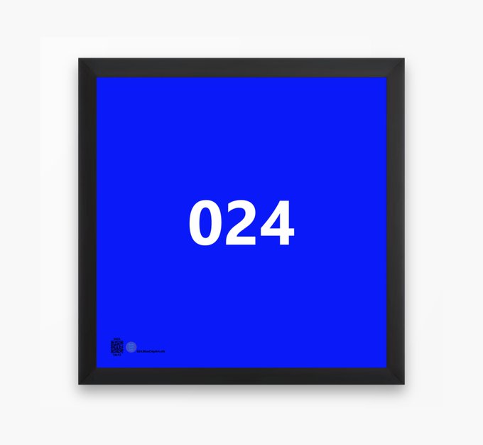 A framed poster with a blue background displaying the number "024" in white text, with a small QR code and text in the lower left corner.