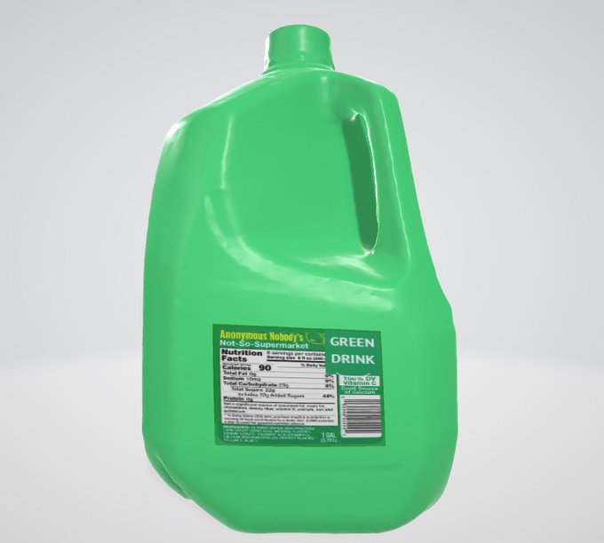 A large, translucent green plastic jug labeled 'Anonymous Nobody's Not-So-Supermarket GREEN DRINK,' featuring a detailed nutrition facts label on the front against a plain white background.