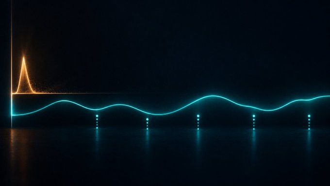Abstract dark digital graphic with glowing cyan wave lines and dotted vertical markers, plus a small orange peak-like line graph on the left.