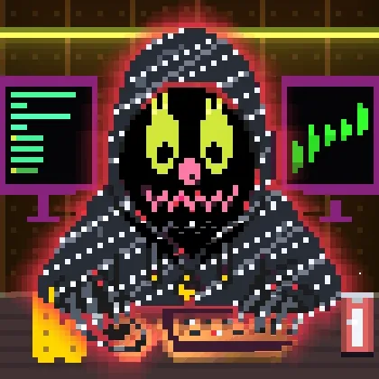 A pixel art image of a hooded figure with a glowing yellow and red demonic mask, seated at a desk with a keyboard, cheese, and a soda, with computer monitors showing graphs in the background.