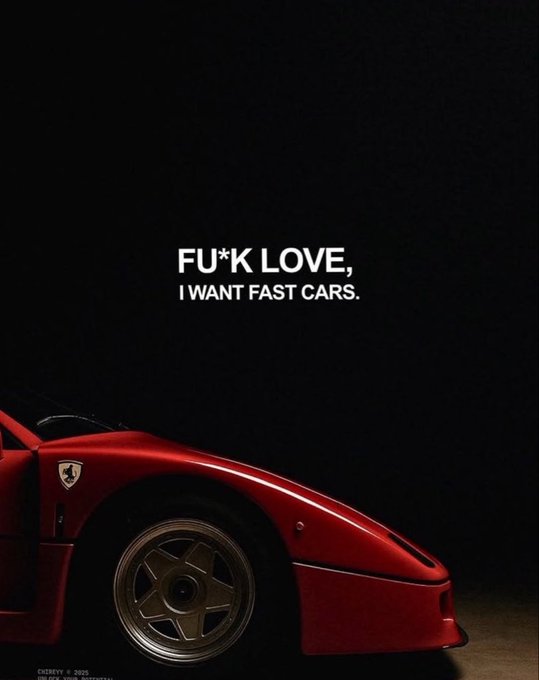 A dark poster featuring the front portion of a red Ferrari sports car with the text 'FU*K LOVE, I WANT FAST CARS.' in white lettering.