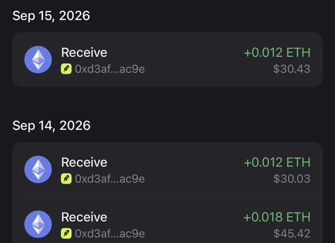 A crypto wallet transaction history displaying 'Receive' entries of +0.012 ETH and +0.018 ETH from address 0xd3af...ac9e on Sep 14 and 15, 2026.