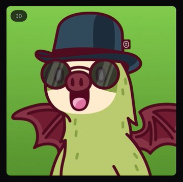 A cartoon illustration of a green dragon character wearing a blue top hat and black sunglasses against a green background, with a '3D' badge in the top left corner.