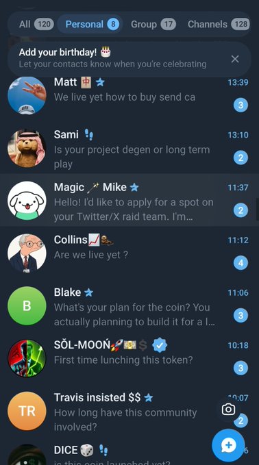 A screenshot of a Telegram chat list showing multiple conversations, with the most recent messages from Matt ("We live yet how to buy send ca"), Sami ("Is your project degen or long term play"), and Magic Mike, Collins, Blake, SŌL-MOON, Travis insisted, and DICE discussing crypto launches. The image illustrates a Telegram inbox flooded with unsolicited messages from self-promoters, echoing the post's complaint about being inundated by scammers and promoters in a crypto launch community.