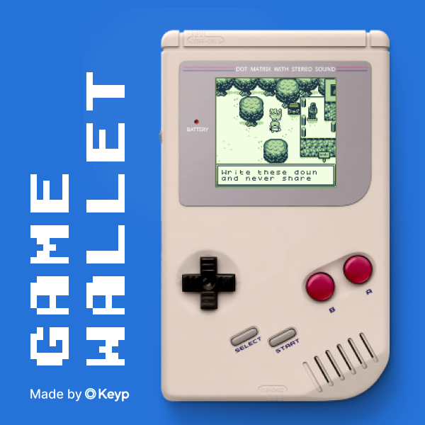 The Game Pocket wallet is displayed, showing a GameBoy-like device with a Pokémon-style screen reading "Write these down and never share." The image illustrates a crypto wallet cartridge concept for the original GameBoy, connecting to the post's mention of an innovative hardware wallet idea that was ultimately discontinued due to security concerns and the unpredictable entropy generated by the Game Boy.