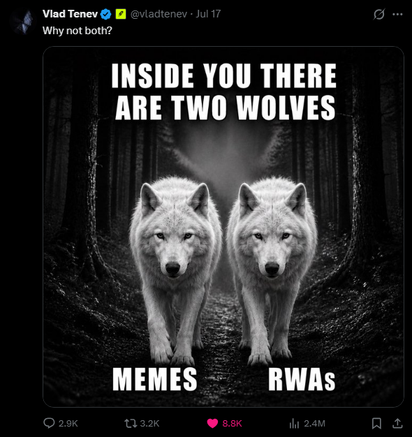 A black-and-white meme showing two wolves side by side in a forest with text "INSIDE YOU THERE ARE TWO WOLVES," labeled "MEMES" and "RWAS," posted by Vlad Tenev (@vladtenev) captioned "Why not both?" The image ties to the post by humorously embracing the dual identity of crypto culture—combining meme coins and real-world assets (RWAs) on Robinhood Chain, which the author positions as the perfect home for projects like $QUANT.