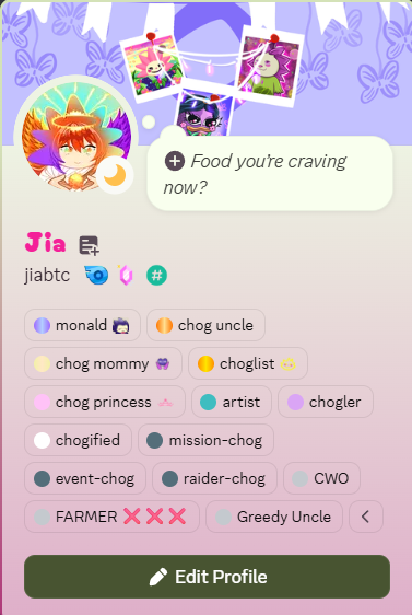 A mobile profile app screen for 'Jia' with the handle 'jiabtc' displays various role tags including 'monald', 'chog uncle', and 'choglist'.