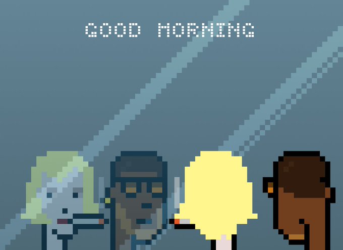 Pixel art animation style image showing four characters from behind with the text 'GOOD MORNING' displayed at the top in retro pixel font.