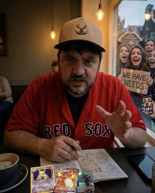 An AI-generated image of a man in a Red Sox jersey and deer cap signing autographs with Pokémon cards on a table, while excited fans hold a 'WE HAVE NEEDS' sign outside a café window.