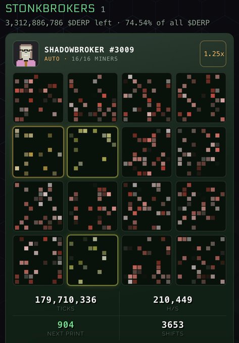 A crypto dashboard showing 'STONKBROKERS 1' with '3,312,886,786 $DERP left · 74.54% of all $DERP' and a 'SHADOWBROKER #3009' displaying a grid of pixelated square tiles with stats '179,710,336 TICKS' and '210,449 H/S'.
