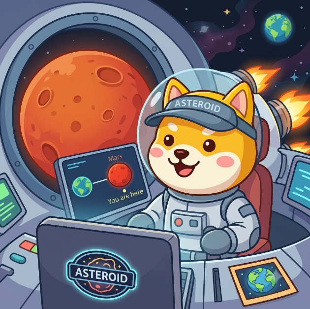 A cartoon Shiba Inu dog wearing a spacesuit and "ASTEROID" cap sits at a spaceship cockpit window, with a large Mars visible outside and a screen displaying "Mars" and "You are here." The whimsical scene illustrates the post's theme of $ASTEROID heading to Mars.