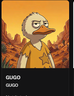 A digital character card featuring "GUGO," an illustrated white duck with a grumpy expression wearing an orange shirt with a star, set against a desert landscape background.