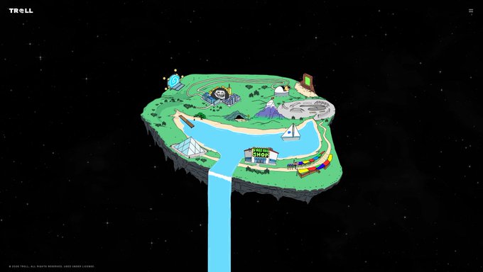 An illustration of a floating island labeled 'TROLL' with various landmarks like a troll statue, stadium, and 'ETH BLAQ' sign, with a waterfall pouring off the edge into a starry space background.