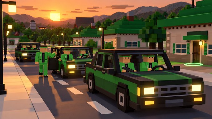 A Minecraft-style voxel art scene depicting green cars with blocky drivers on a street during sunset.