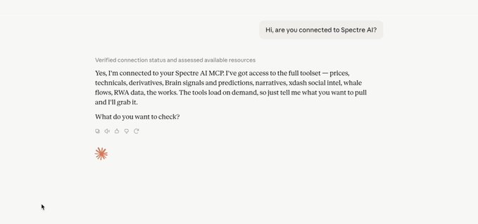 A chat interface shows a user asking 'Hi, are you connected to Spectre AI?' and receiving confirmation of connection to the Spectre AI MCP with access to prices, technicals, and other tools.