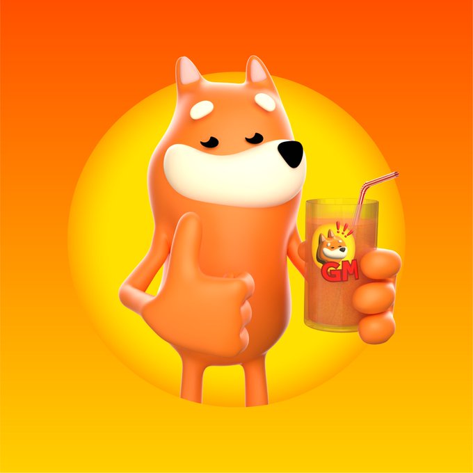 A 3D-rendered orange Shiba Inu character gives a thumbs up while holding a glass of orange drink with "CM" and the same dog's face on it, set against an orange and yellow sunburst background.