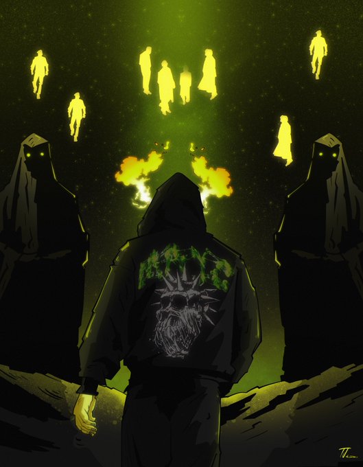 A hooded figure wearing a Bored Ape-themed jacket stands between two hooded companions with glowing yellow eyes, while silhouettes of ape NFT characters float in a green cosmic background above the text "BAYC."