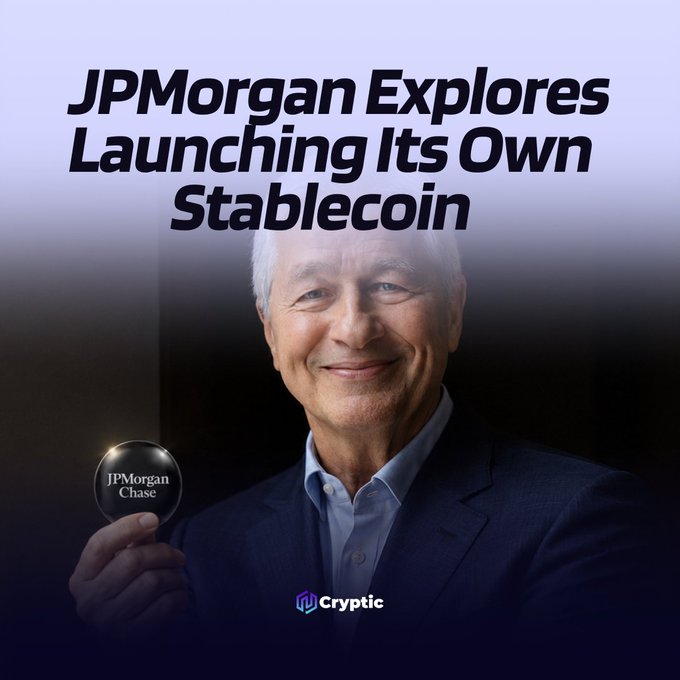 The image features a smiling older man in a suit holding a dark JPMorgan Chase branded object, overlaid with bold text reading "JPMorgan Explores Launching Its Own Stablecoin," and the "Cryptic" logo at the bottom—visually illustrating the post's breaking news that JPMorgan is considering developing its own stablecoin for its 80 million customers.