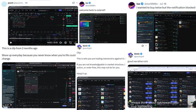 A collage of tweets from users purrn, iso (@iso1000x), and Sonic (@sonicgobl) sharing various cryptocurrency trading charts, screenshots, and advice about market structure and risk/reward ratios.