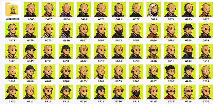 A grid of pixel-art character portraits labeled 'MONKHOOD' with sequential numbers like 6666 through 6720, depicting various characters with different headgear and facial hair.