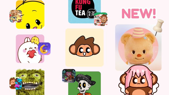 A collection of colorful cartoon app icons featuring cute characters including a chick, monkey, bear, and mushroom, with a 'NEW!' label and 'KUNG FU TEA' branding visible.