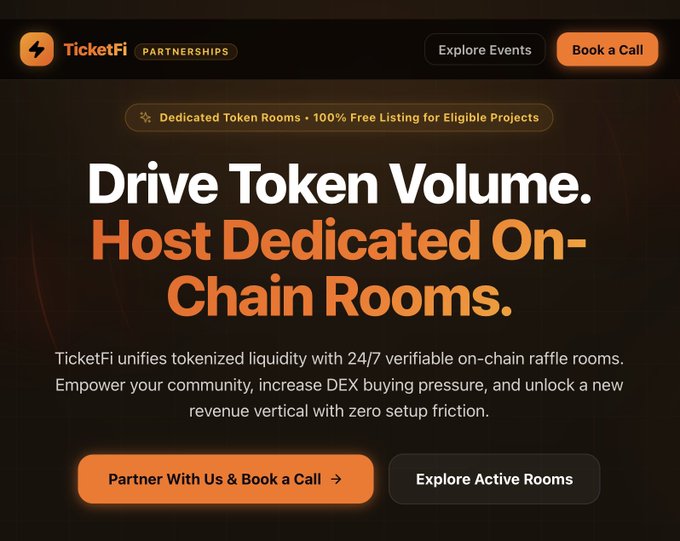 Website hero section for TicketFi Partnerships, with the headline 'Drive Token Volume. Host Dedicated On-Chain Rooms.' and description about unifying tokenized liquidity with on-chain raffle rooms, featuring 'Partner With Us & Book a Call' and 'Explore Active Rooms' buttons.