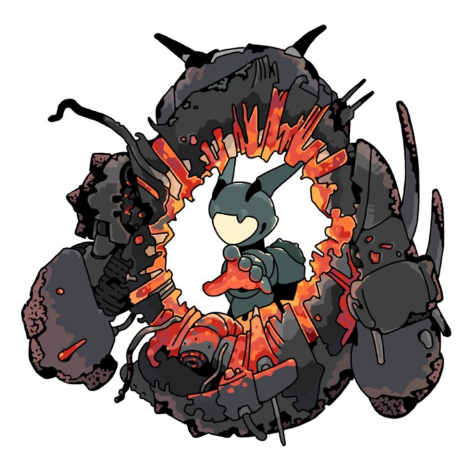 An anime-style illustration featuring a small horned character in teal armor standing inside a circular, fiery portal framed by a large dark mechanical/rocky creature with spikes and glowing red lava-like accents.